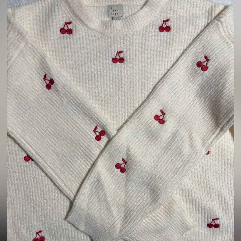 a new day Cream Sweater with Cherry Embroidery